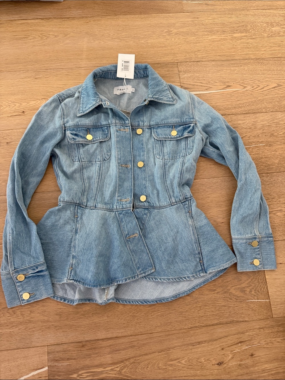 FRAME FLOUNCE Light Wash Denim Peplum Jacket XS